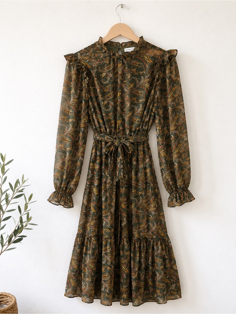 Moon River Paisley Chiffon Midi Dress S Moss Green Boho Prairie Romantic - Picture 2 of 6